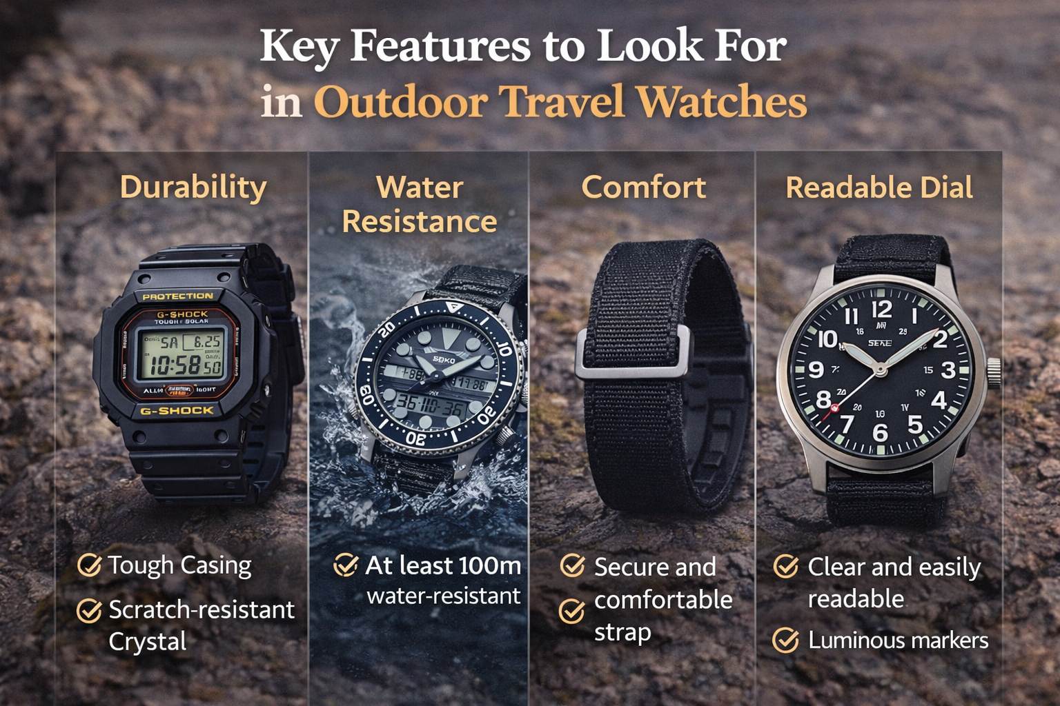 what to look for in an outdoor travel watch including durability water resistance comfort strap and readable dial features