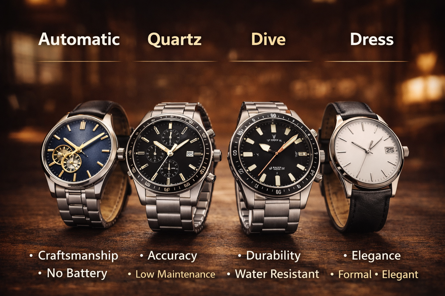 mens watch types comparison showing automatic quartz dress and dive watches for different lifestyles