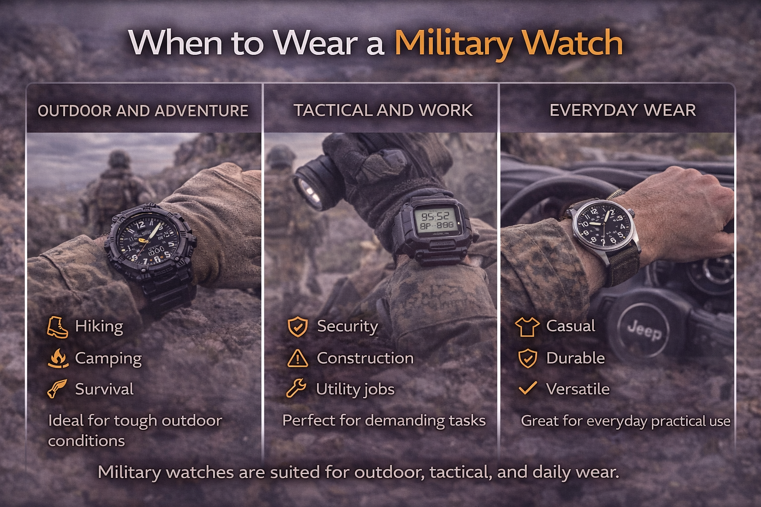 when to wear a military watch showing hiking camping tactical work and daily casual use for men