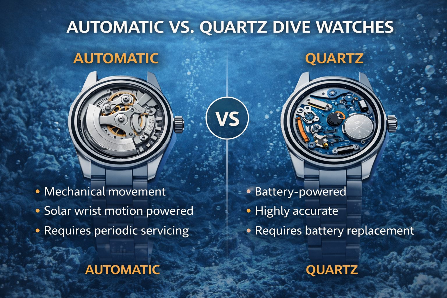 infographic comparing automatic and quartz dive watch movements highlighting mechanical rotor system and battery powered quartz accuracy