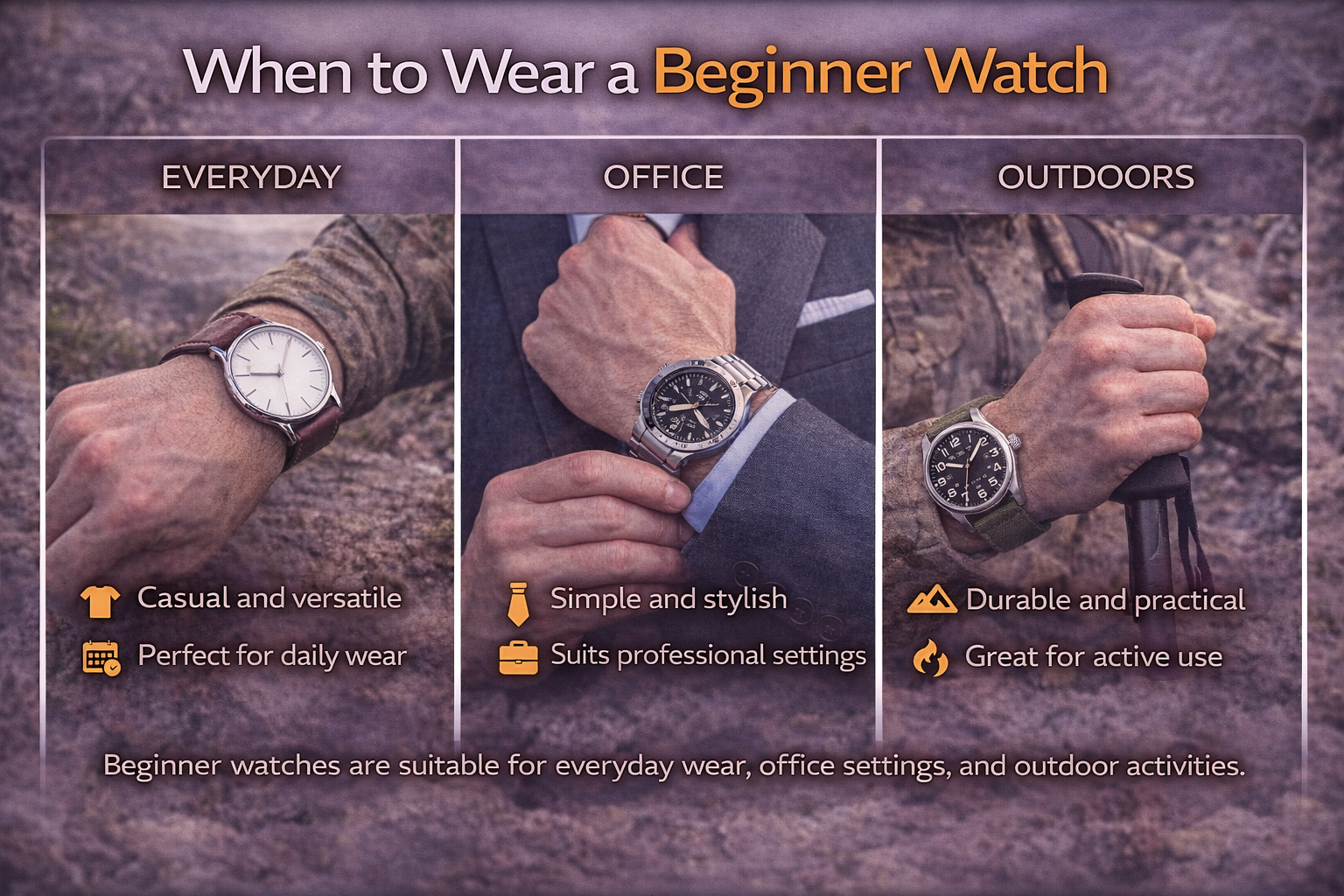 when to wear a beginner watch showing daily casual office style and outdoor activity use for men