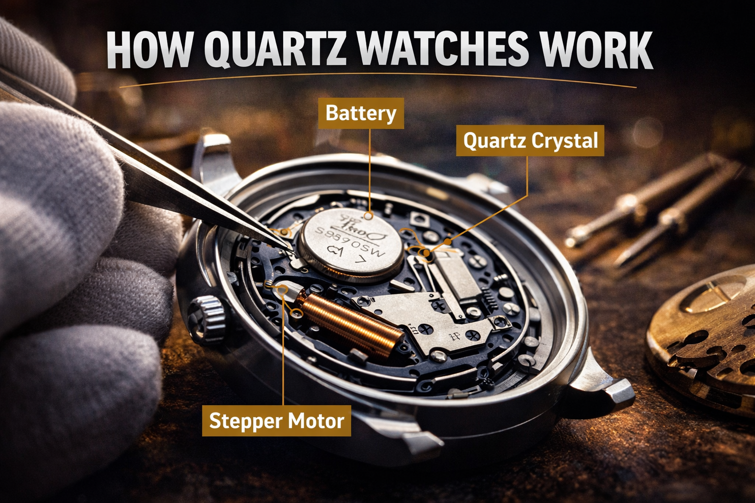 how quartz watches work diagram showing battery quartz crystal oscillator and stepper motor components