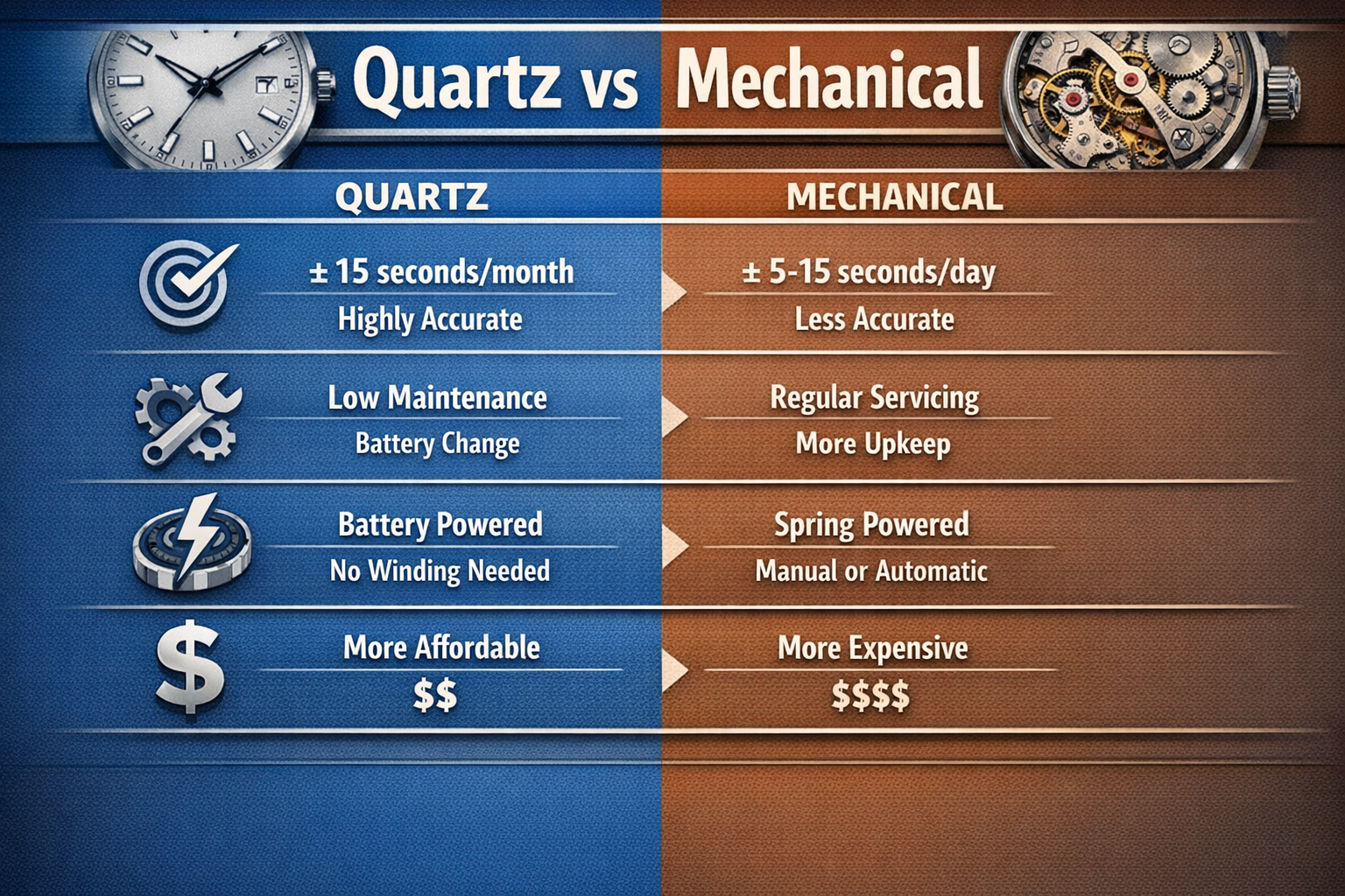 infographic comparing quartz and mechanical watches showing accuracy maintenance battery vs spring power and cost differences