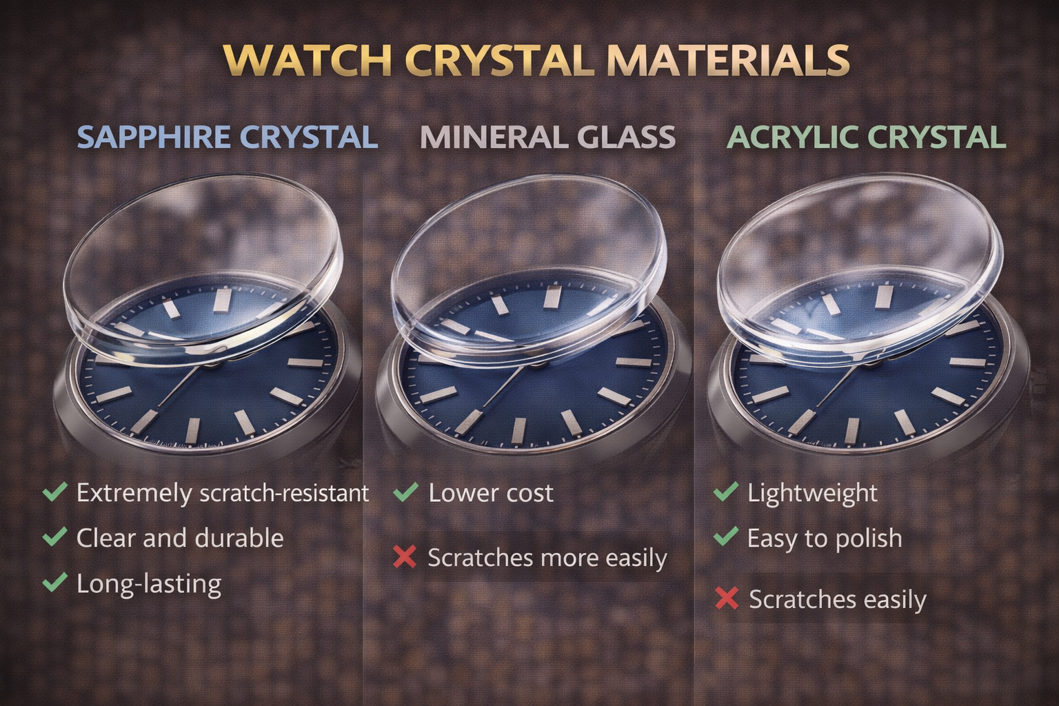 infographic comparing watch crystal materials sapphire crystal mineral glass and acrylic highlighting scratch resistance durability and affordability