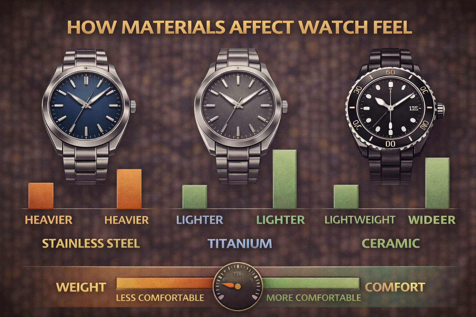 infographic comparing watch materials steel titanium and ceramic highlighting weight comfort and wearing experience differences