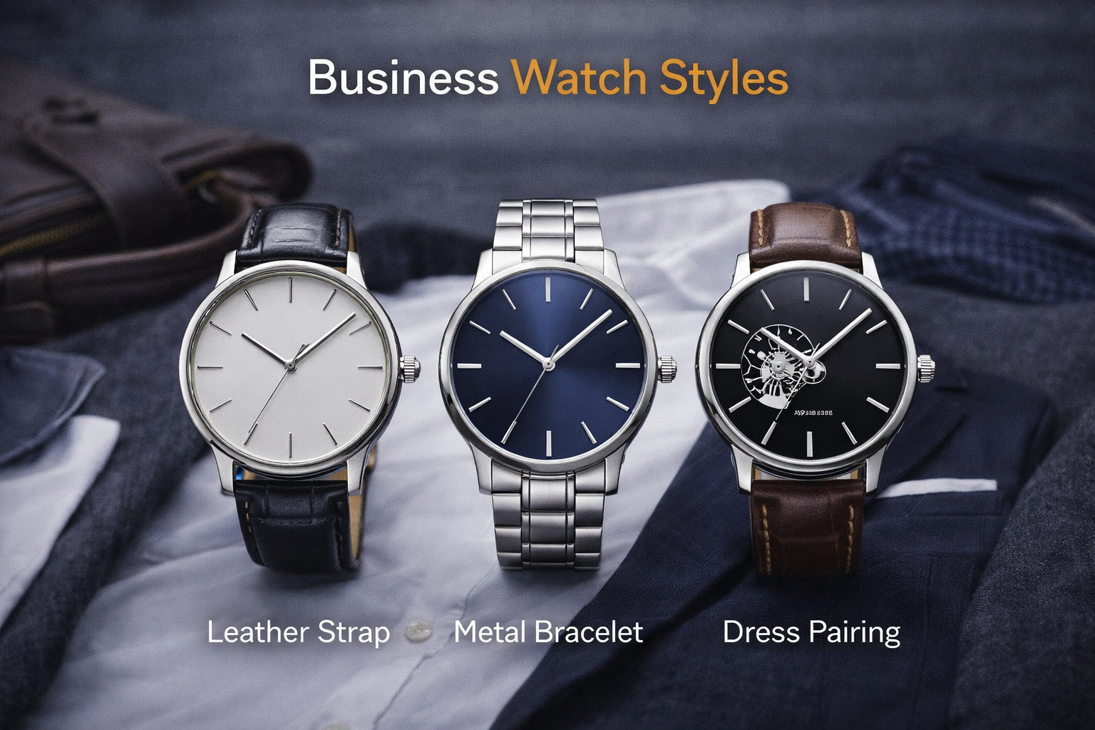 different business watches for men showing leather strap metal bracelet and dress watch pairing for office and formal style