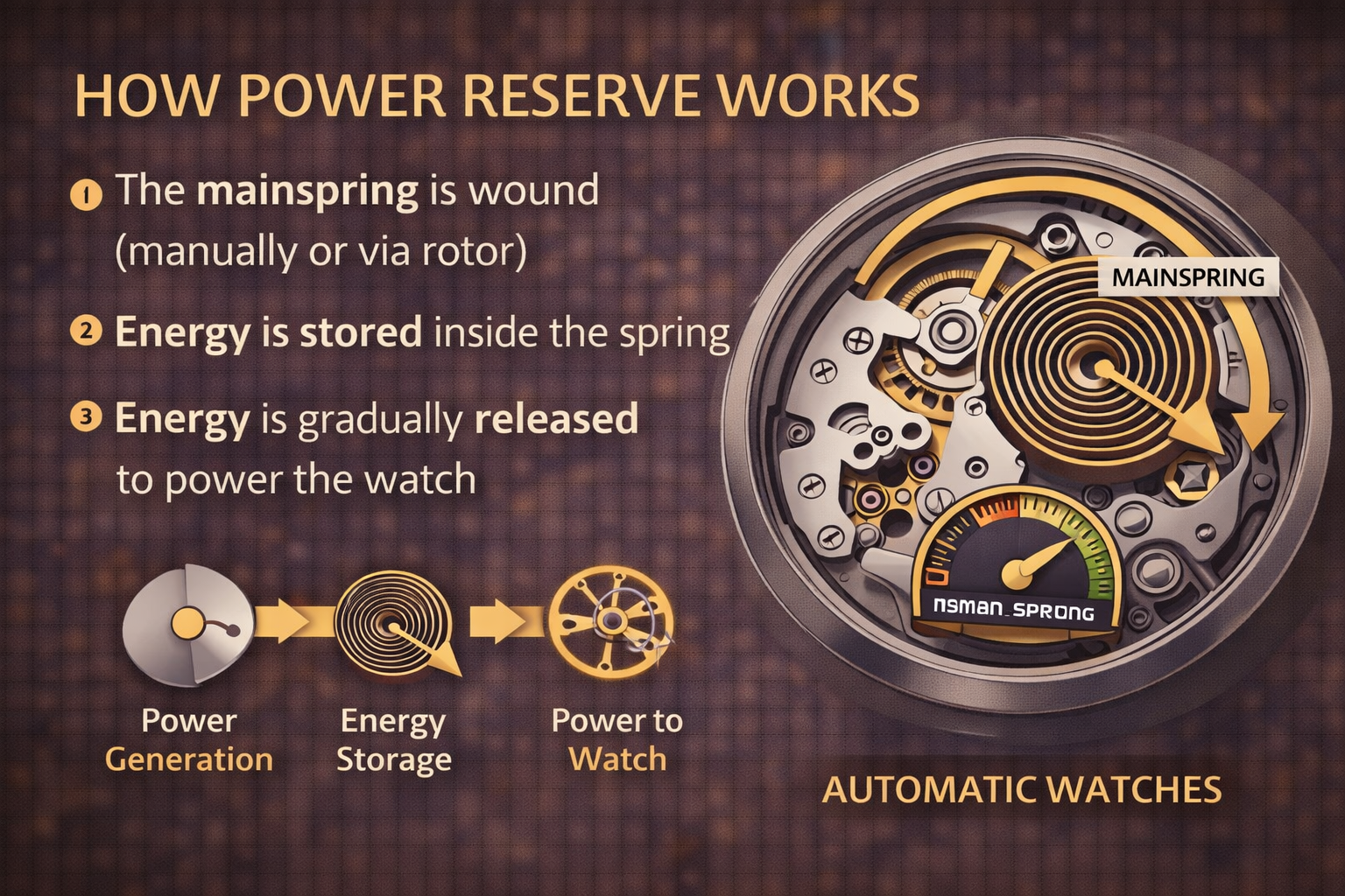 automatic watch power reserve infographic showing energy generation storage in mainspring and gradual release to power movement