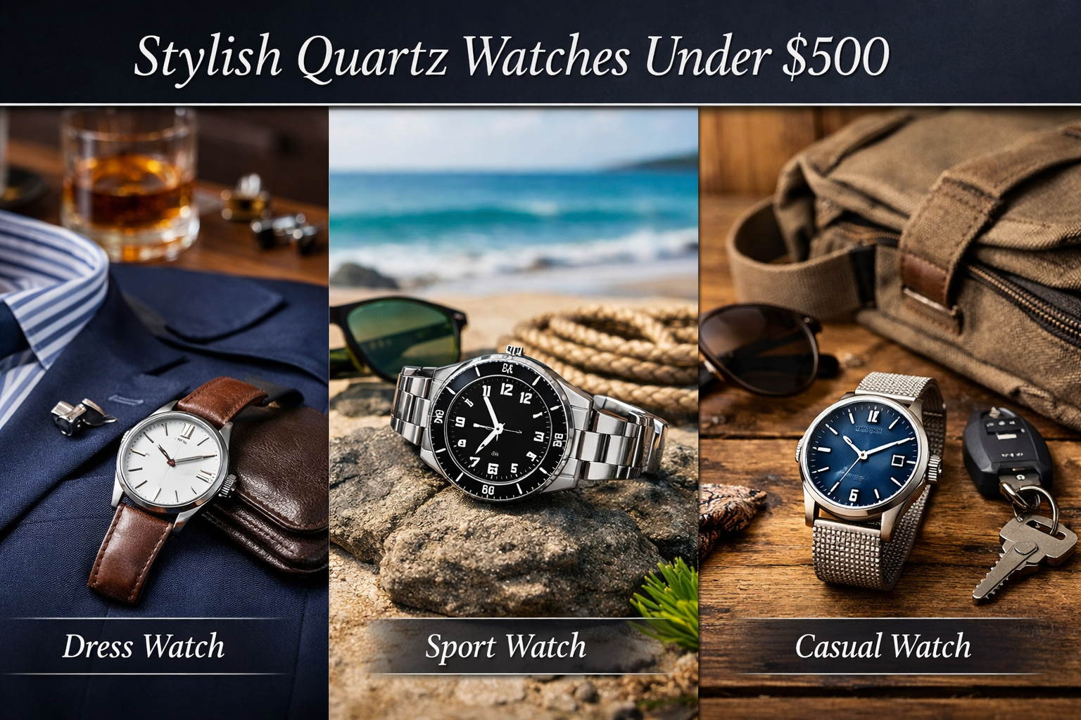 infographic comparing dress sport and casual quartz watches showing style differences for formal active and everyday use