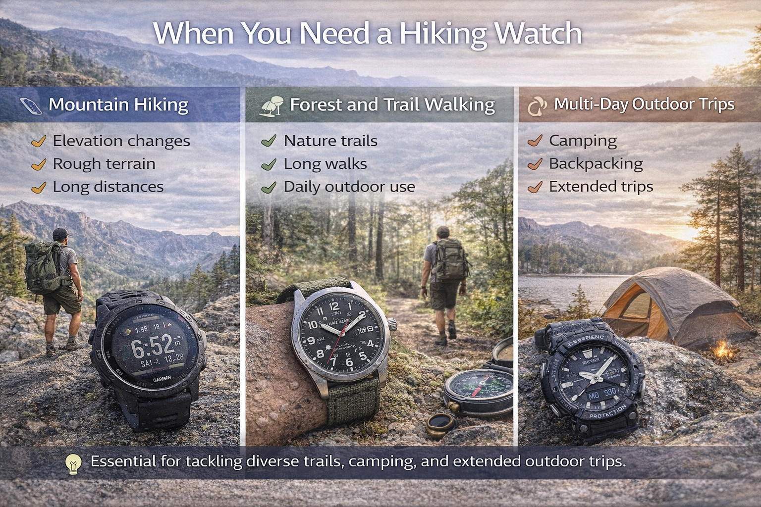 hiking watch usage scenarios including mountain hiking forest trails and camping trips in outdoor conditions