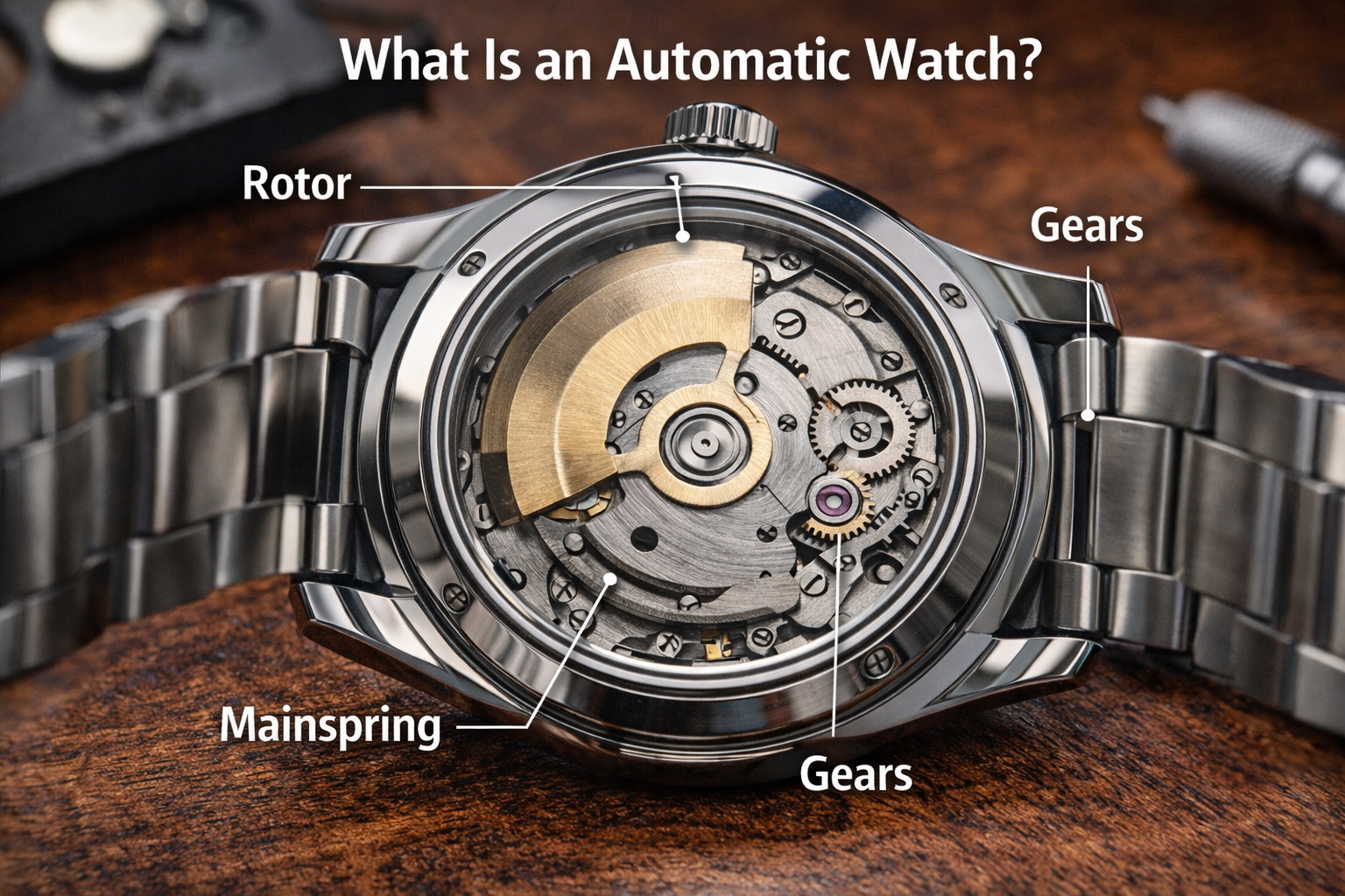 how an automatic watch works showing rotor mainspring and gear mechanism inside mechanical watch movement