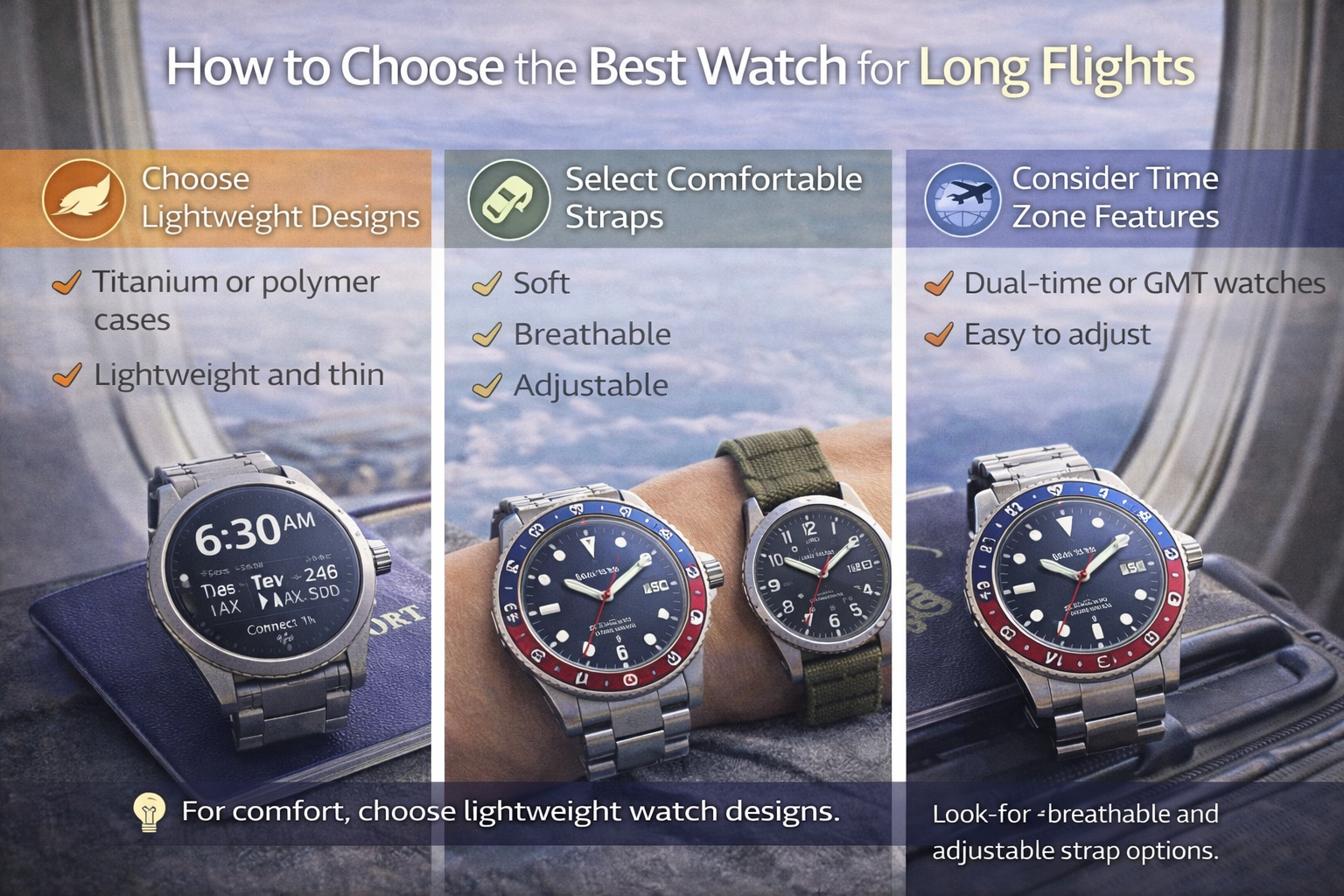 long flight watch buying guide showing lightweight watch materials breathable straps and dual time zone GMT features for travel comfort