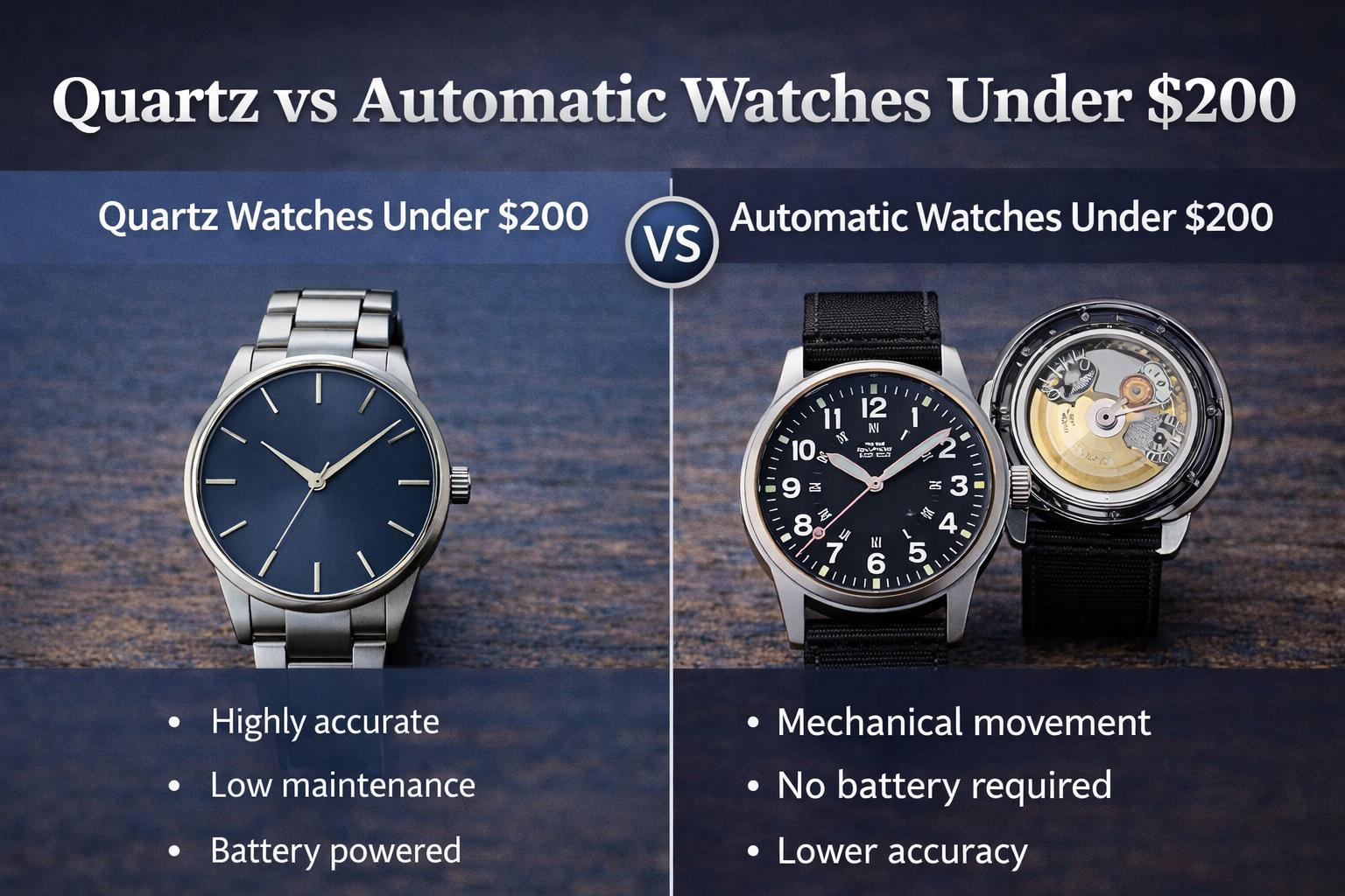 quartz vs automatic watch comparison under 200 highlighting accuracy maintenance battery and mechanical movement differences