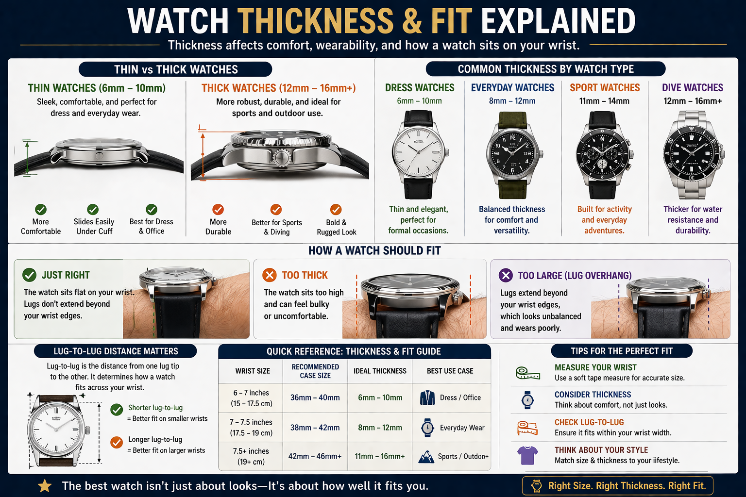 watch thickness guide showing thin vs thick watches lug to lug distance case thickness and proper fit for comfort wearability and balance