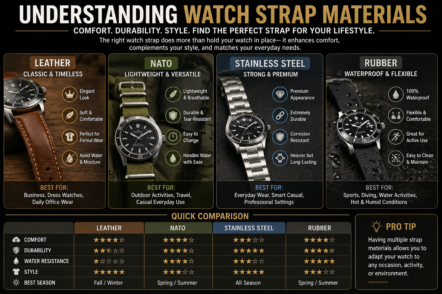 watch strap materials comparison showing leather nato stainless steel and rubber watch straps for comfort durability and style