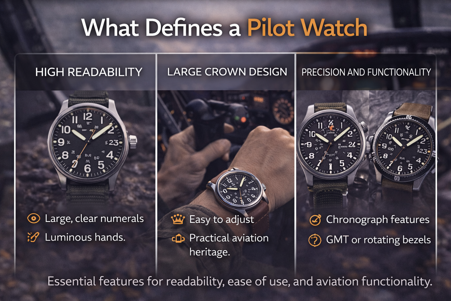 pilot watch features including large readable dial oversized crown and aviation functions like chronograph and GMT