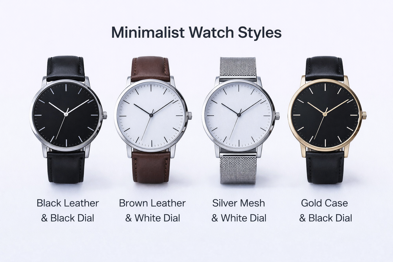 different minimalist watches for men showing black dial white dial leather strap and mesh strap style variations