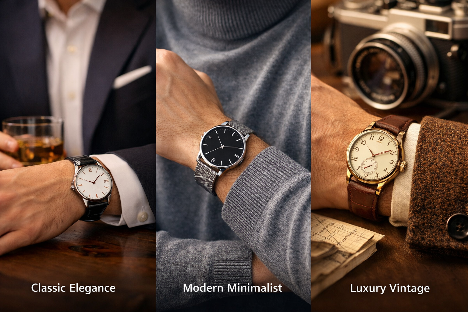 infographic comparing dress watch styles including classic elegance modern minimalist and vintage luxury watches for formal wear