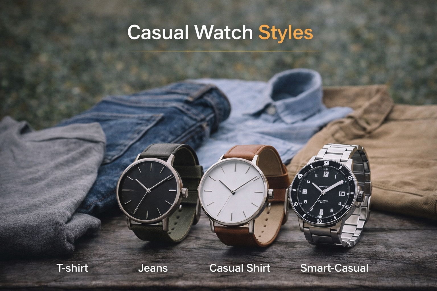 different casual watches for men showing leather strap metal bracelet and versatile everyday style variations