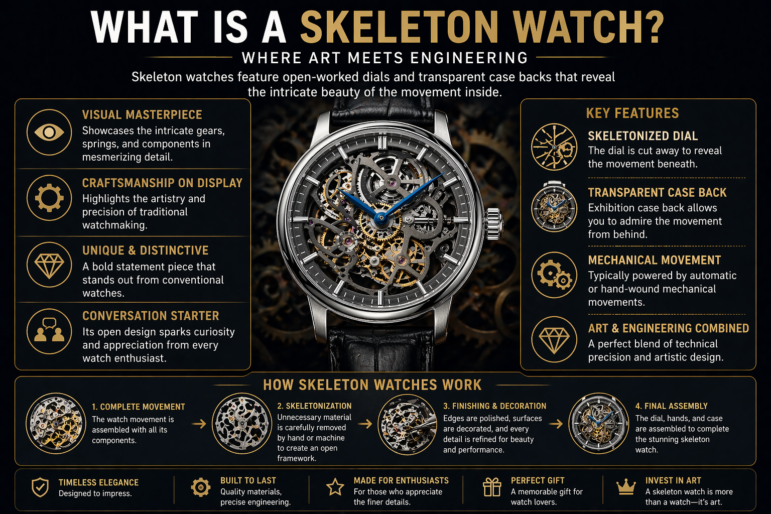 what is a skeleton watch showing open heart dial visible gears mechanical movement and how skeleton watches work