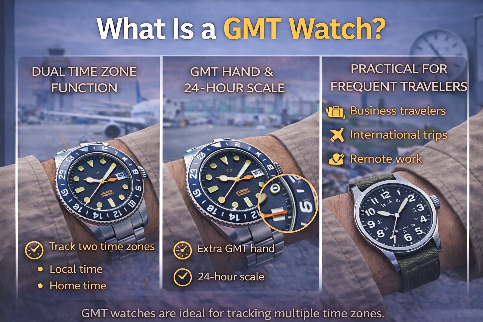 gmt watch explained with dual time zone function extra gmt hand and 24 hour scale for tracking multiple time zones