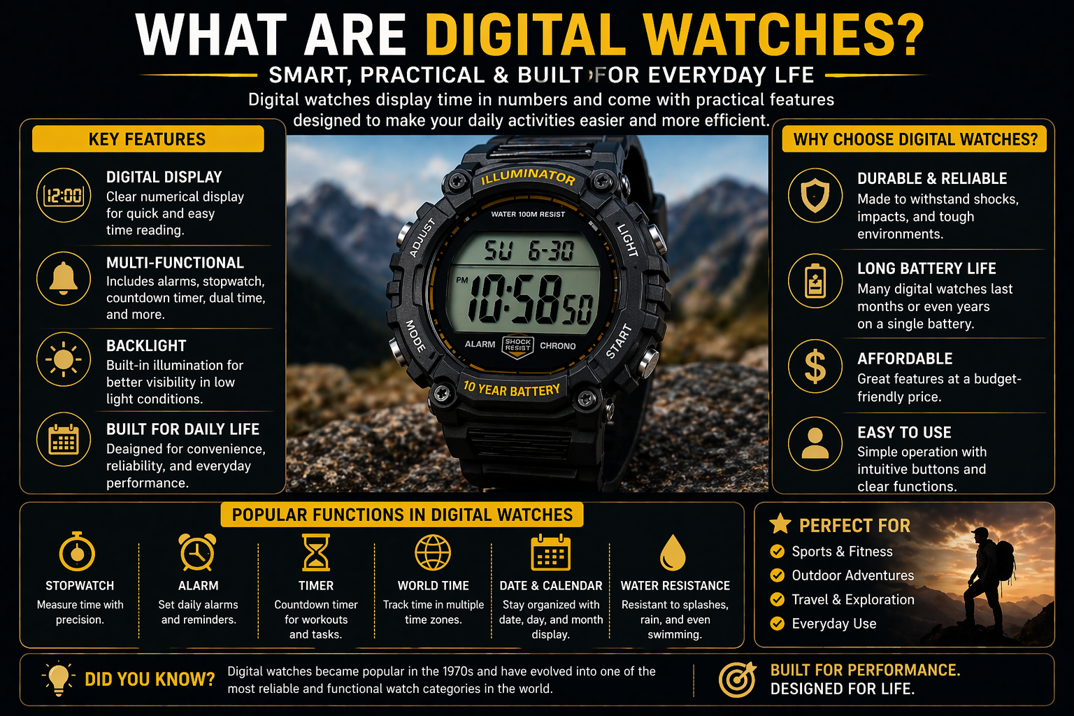 what are digital watches showing digital display features stopwatch alarm timer water resistance and everyday use benefits