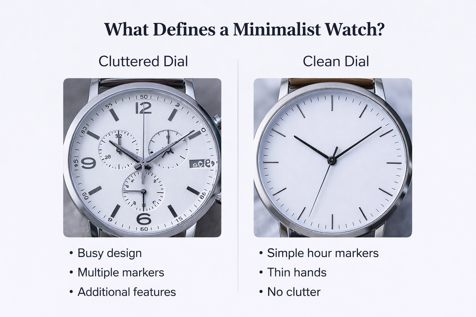 what defines a minimalist watch showing clean dial vs cluttered dial with simple markers thin hands and minimal design