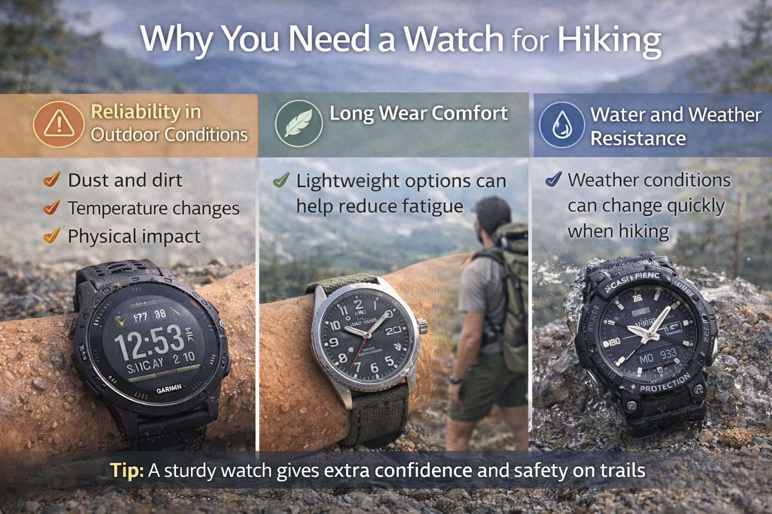 hiking watch benefits including durability in outdoor conditions long wear comfort and water and weather resistance