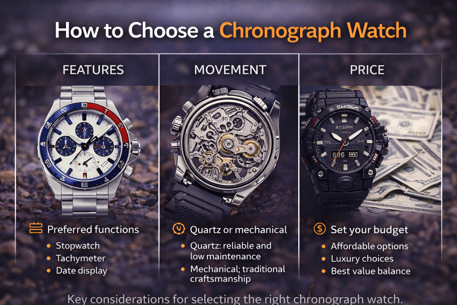 chronograph watch buying guide showing features movement types and price options for men