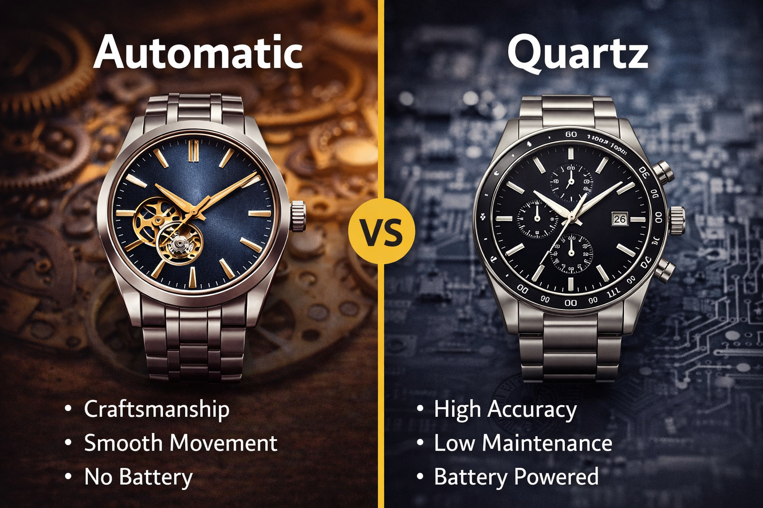 automatic vs quartz watch comparison infographic highlighting differences in accuracy maintenance battery and movement type