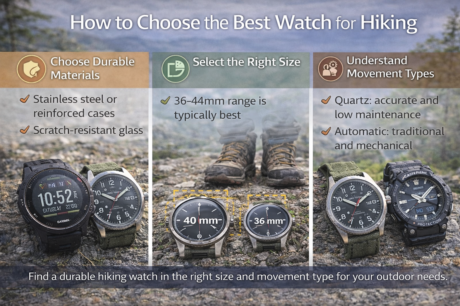 hiking watch buying guide including durable materials 36 to 44mm watch size and quartz versus automatic movement for outdoor adventures
