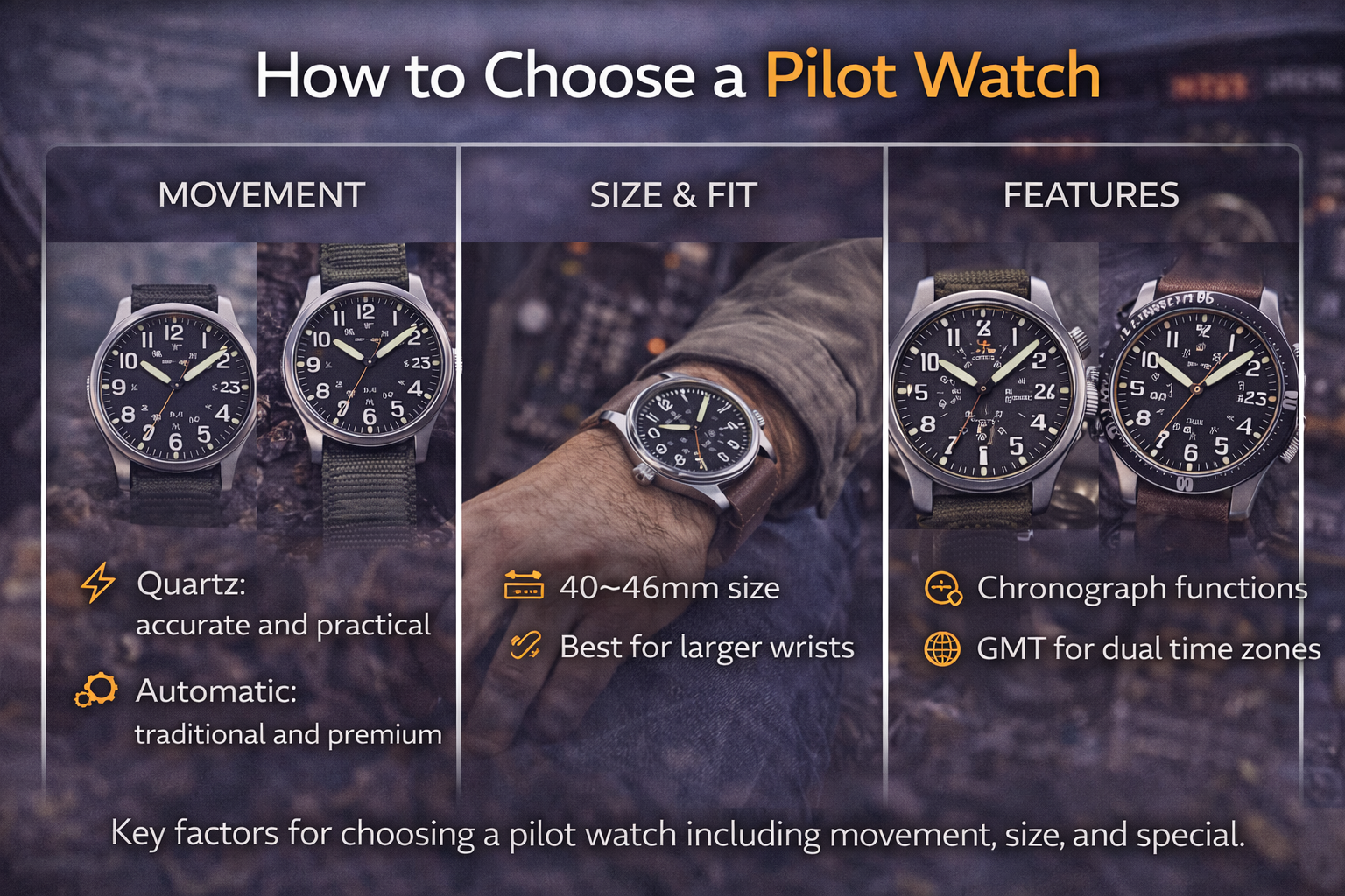 pilot watch buying guide including movement types size fit and features like chronograph and GMT for aviation style watches