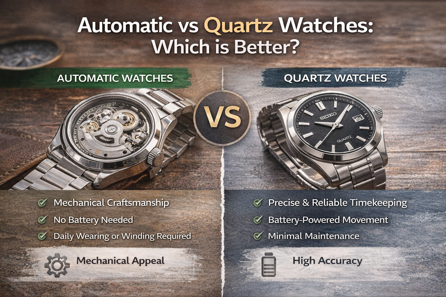 automatic vs quartz watch comparison under 300 highlighting accuracy maintenance battery and mechanical movement differences