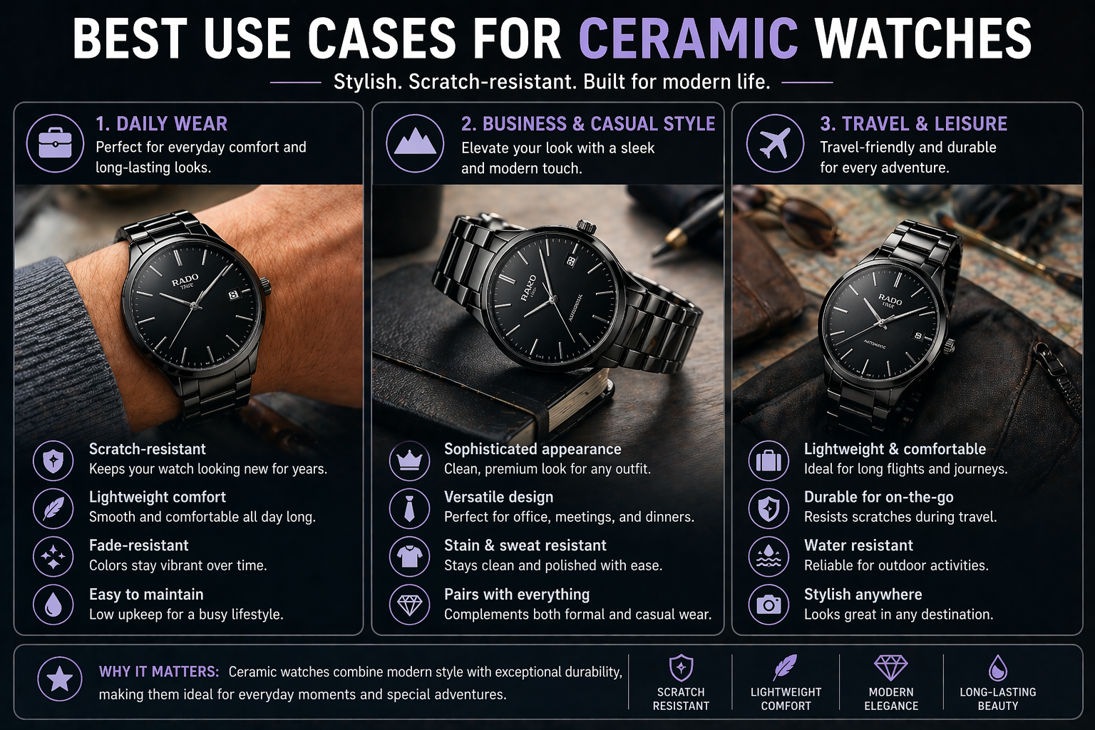 ceramic watch use cases showing scratch resistant stylish watches for daily wear business style and travel use