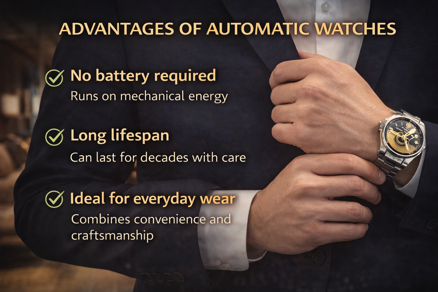 automatic watch benefits lifestyle image showing mechanical watch on wrist highlighting no battery long lifespan and daily wear convenience
