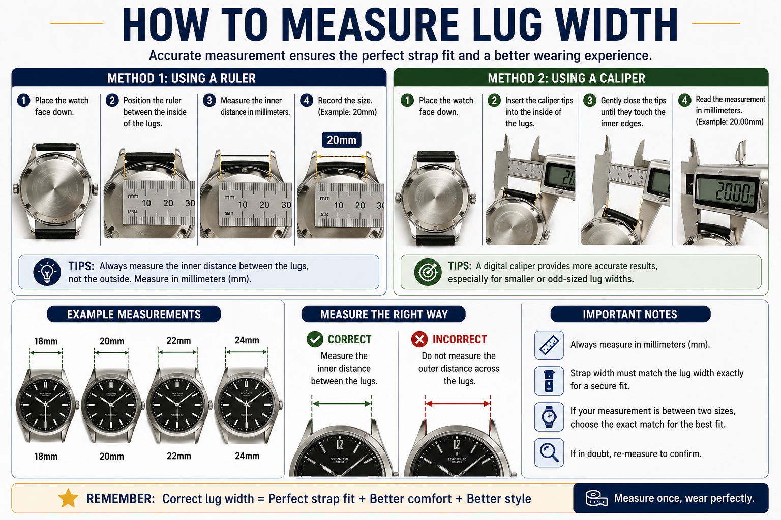 watch lug width measurement guide showing how to measure with ruler and caliper correct vs incorrect methods and example sizes