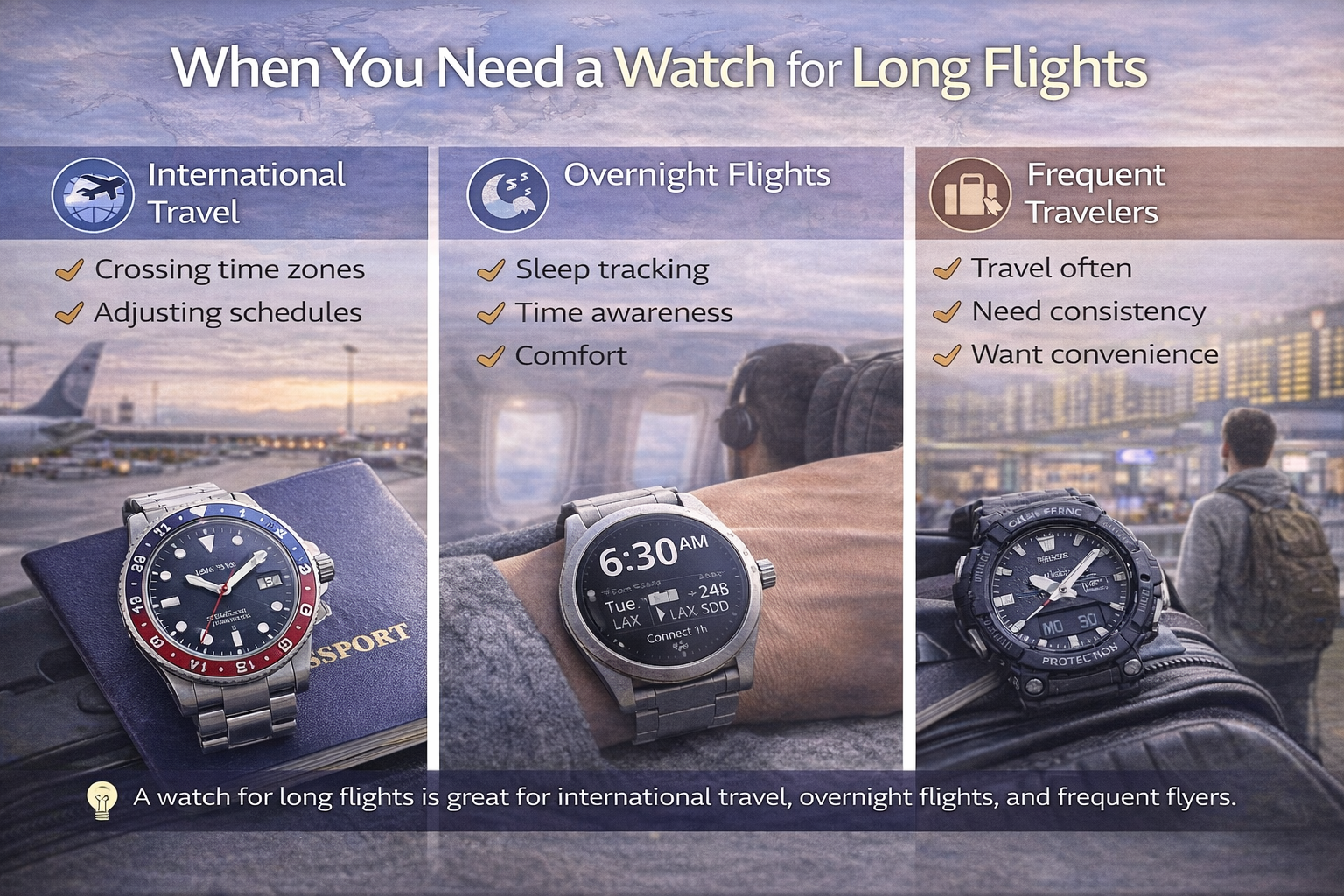 long flight watch usage scenarios including crossing time zones overnight flights and frequent travel needs