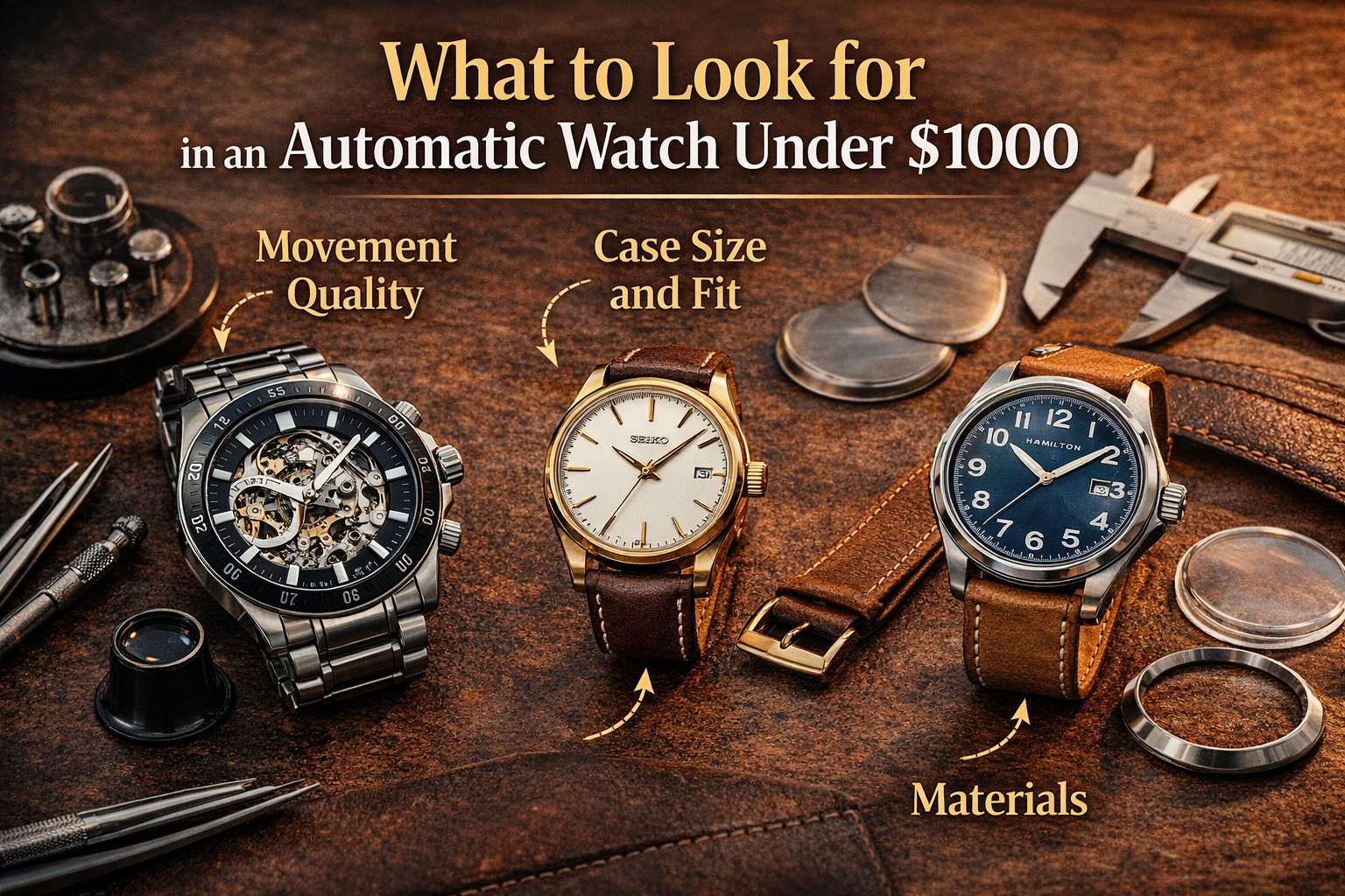 infographic showing what to look for in an automatic watch including movement quality case size fit and materials under 1000 dollars