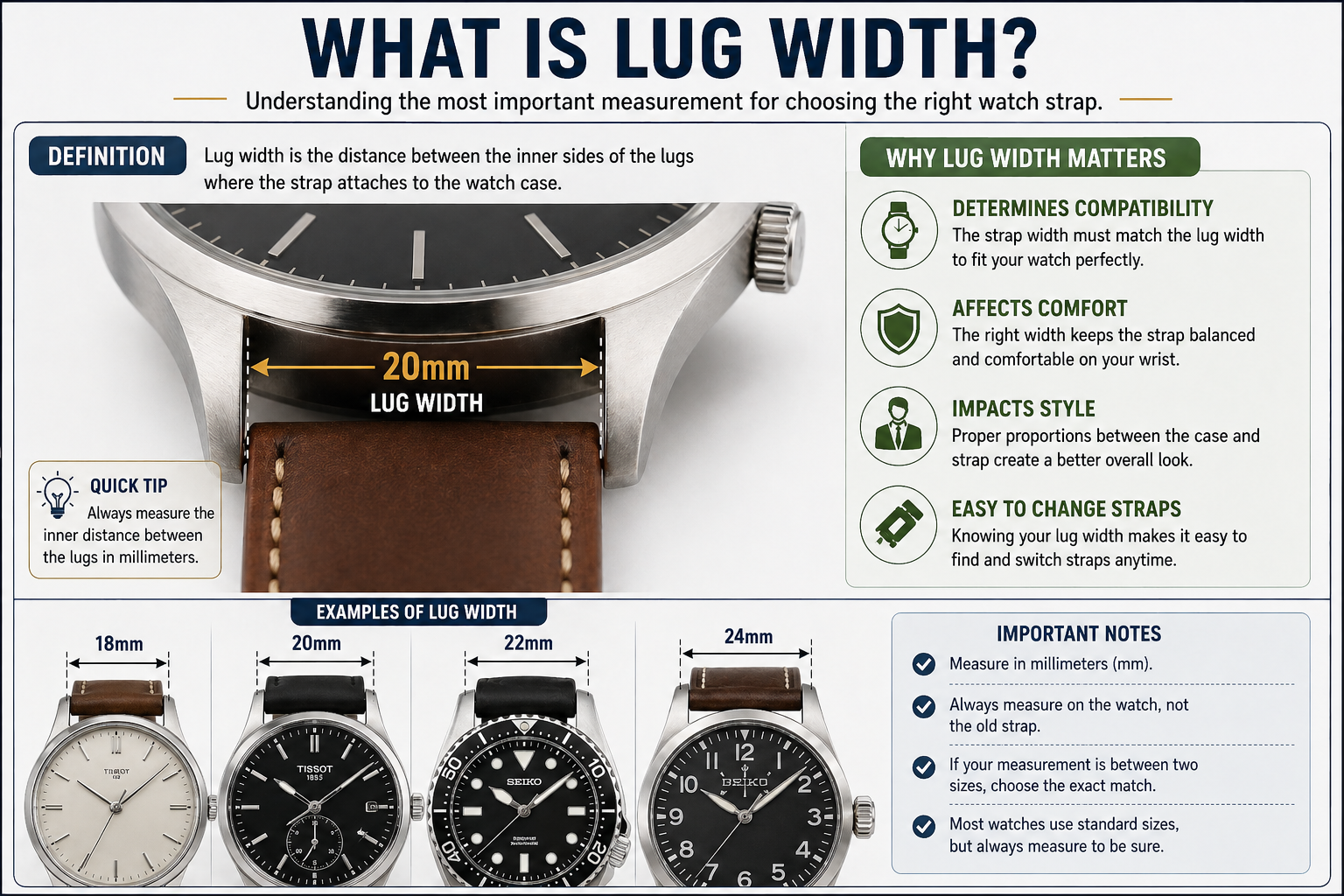 watch lug width explained showing 20mm measurement between lugs with examples and why lug width matters for strap compatibility comfort and style