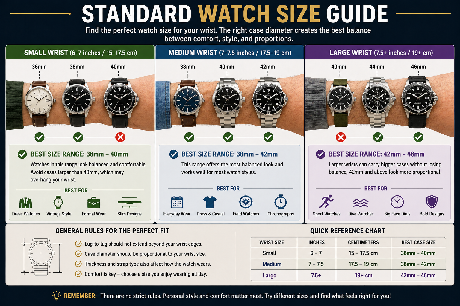 watch size guide showing small medium large wrist measurements and recommended case sizes with fit rules and size chart