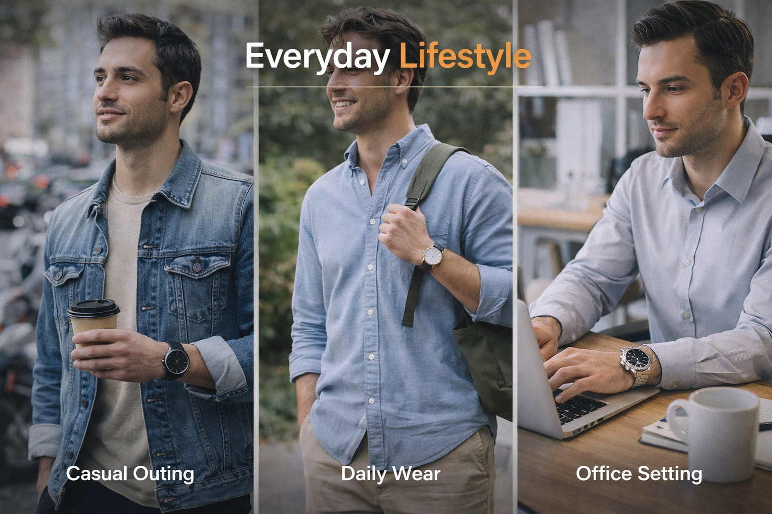 casual watches for men in daily lifestyle showing outfit matching for casual outing work and everyday use