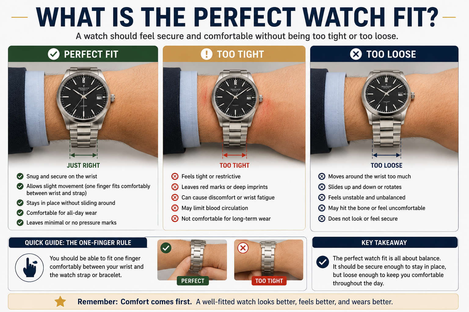 how tight should a watch fit infographic showing perfect watch fit compared with too tight and too loose watch examples for comfort and balance