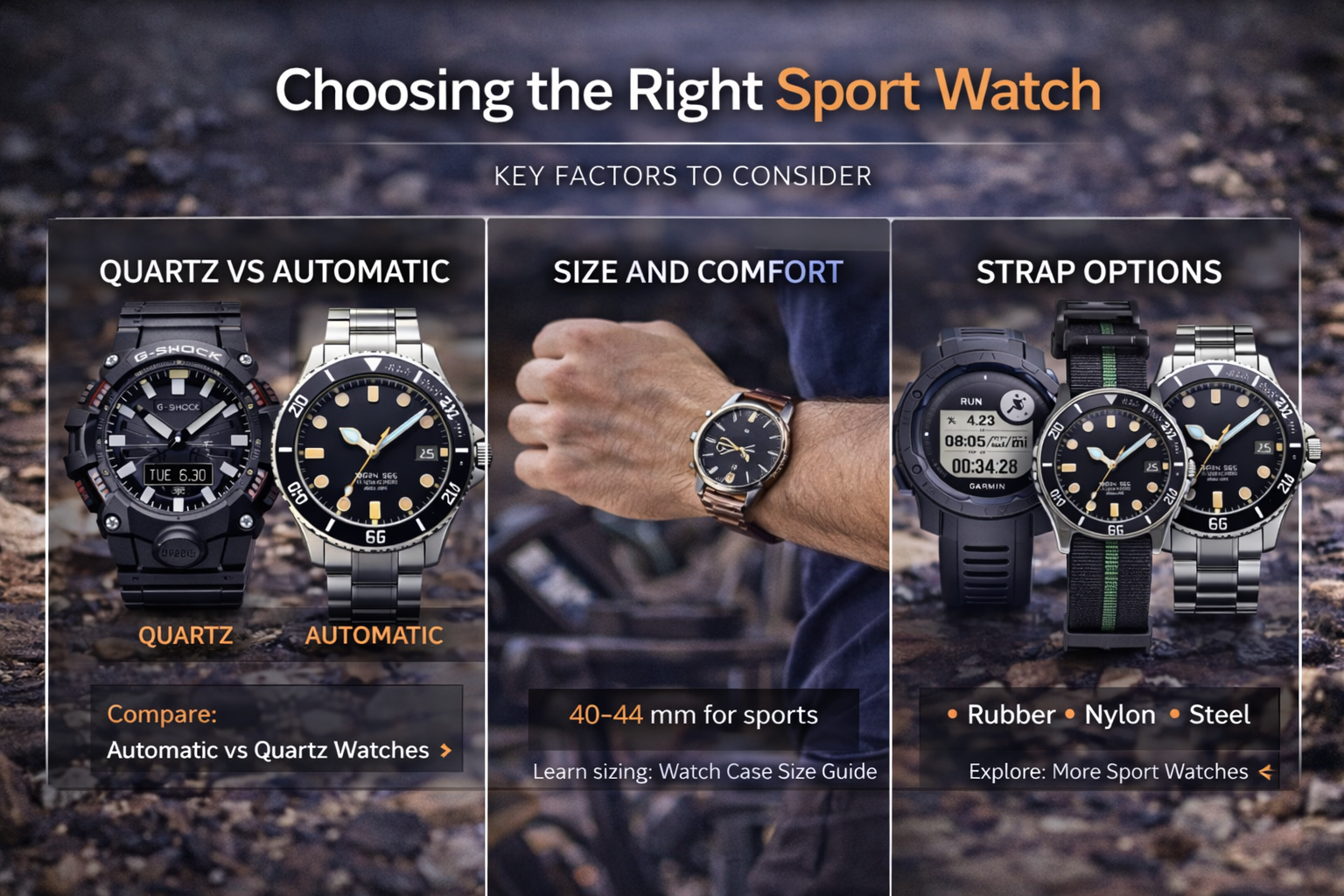 sport watch buying guide showing quartz vs automatic size comfort and strap choices for outdoor and fitness use