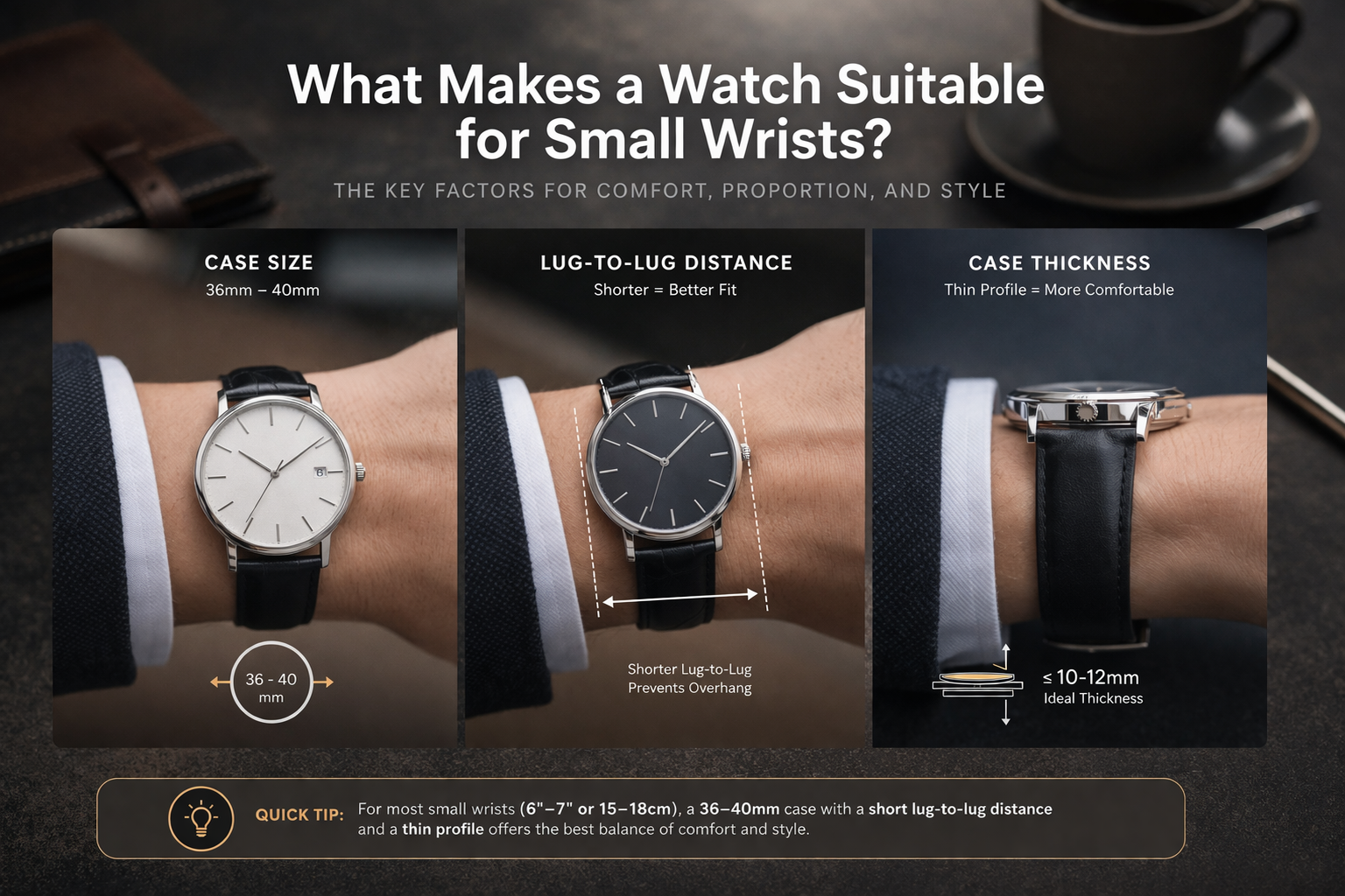 what size watch for small wrists showing 36 to 40mm ideal case and comparison between oversized and undersized watches