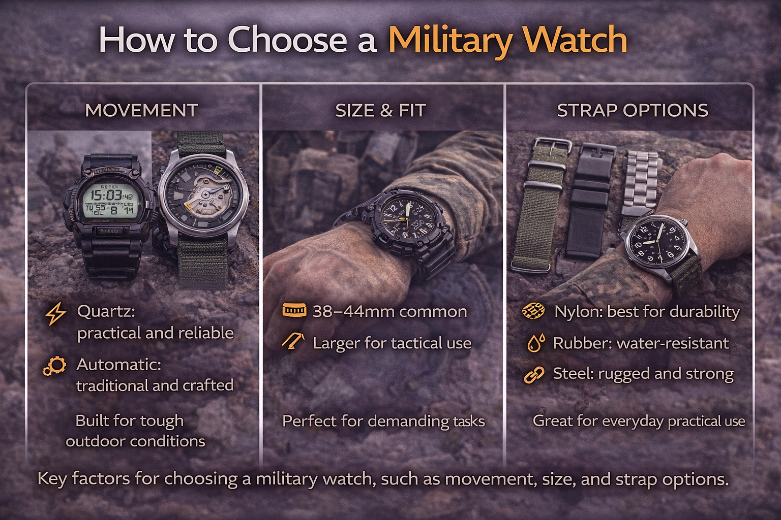military watch buying guide including movement type size fit and strap options for durability and tactical use