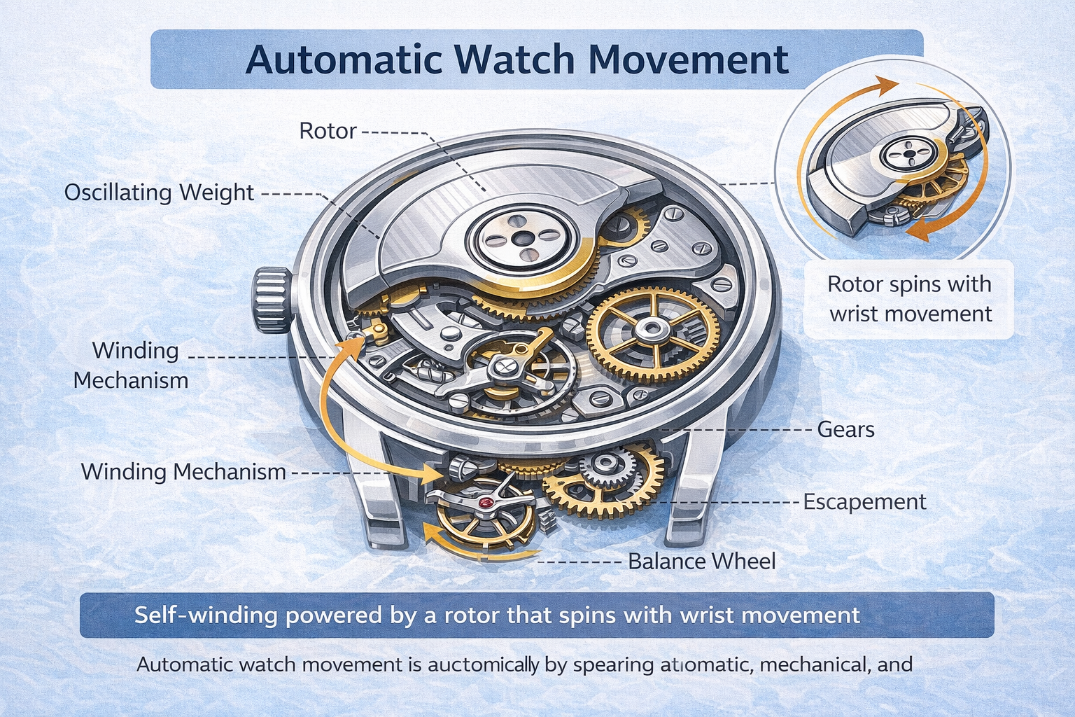 how automatic watch movement works diagram showing rotor mainspring gear system escapement and balance wheel