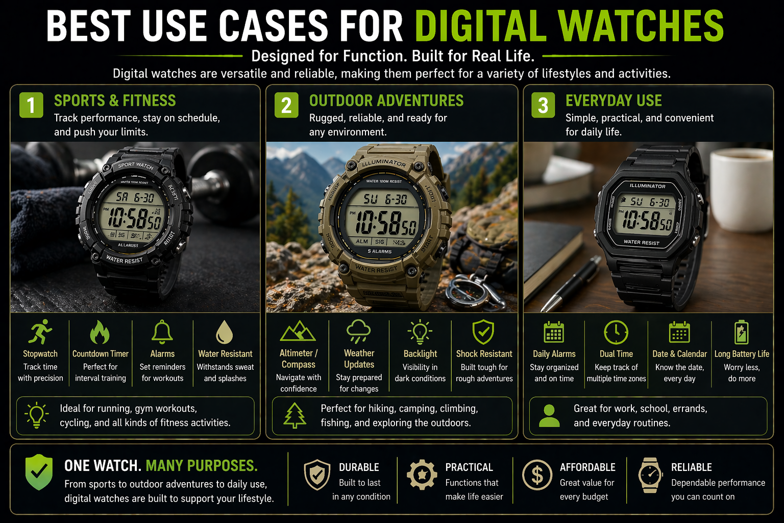 digital watch use cases showing durable feature rich watches for sports fitness outdoor adventures and everyday use