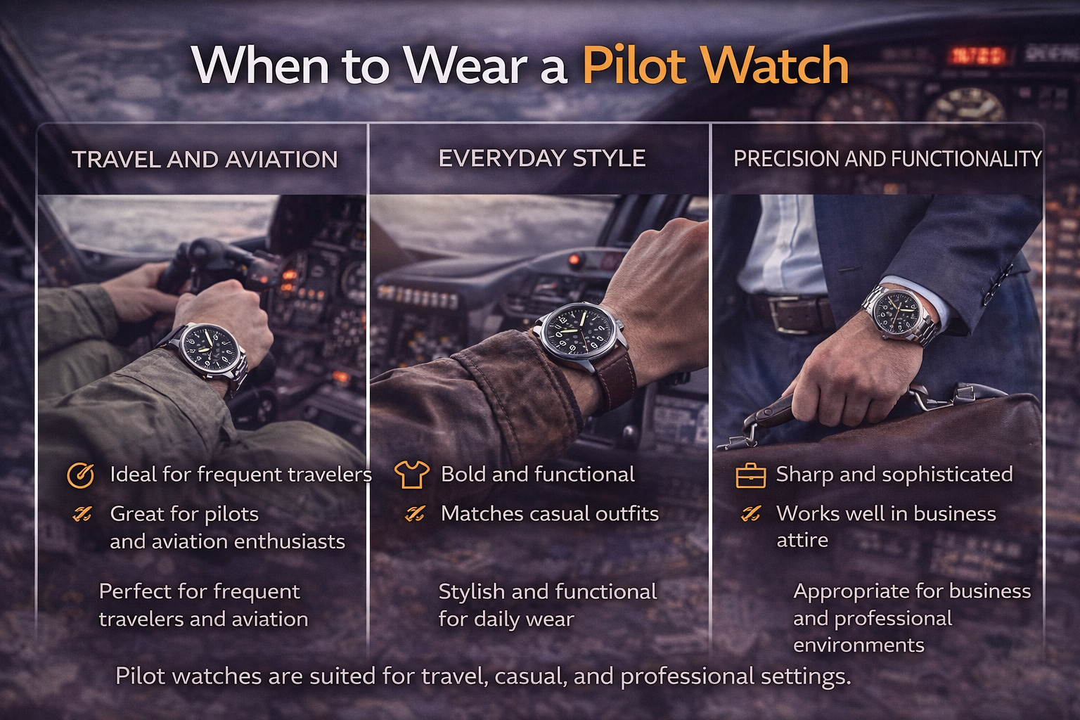 when to wear a pilot watch showing aviation travel casual style and business professional use for men