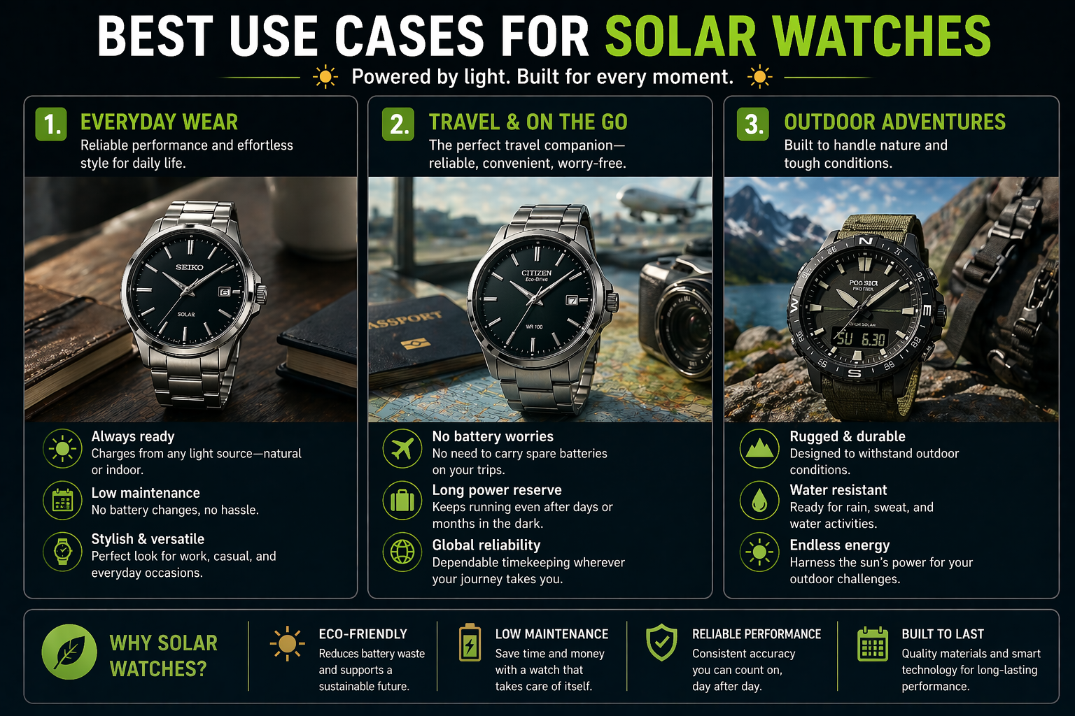 solar watch use cases showing eco friendly low maintenance watches for everyday wear travel and outdoor adventures