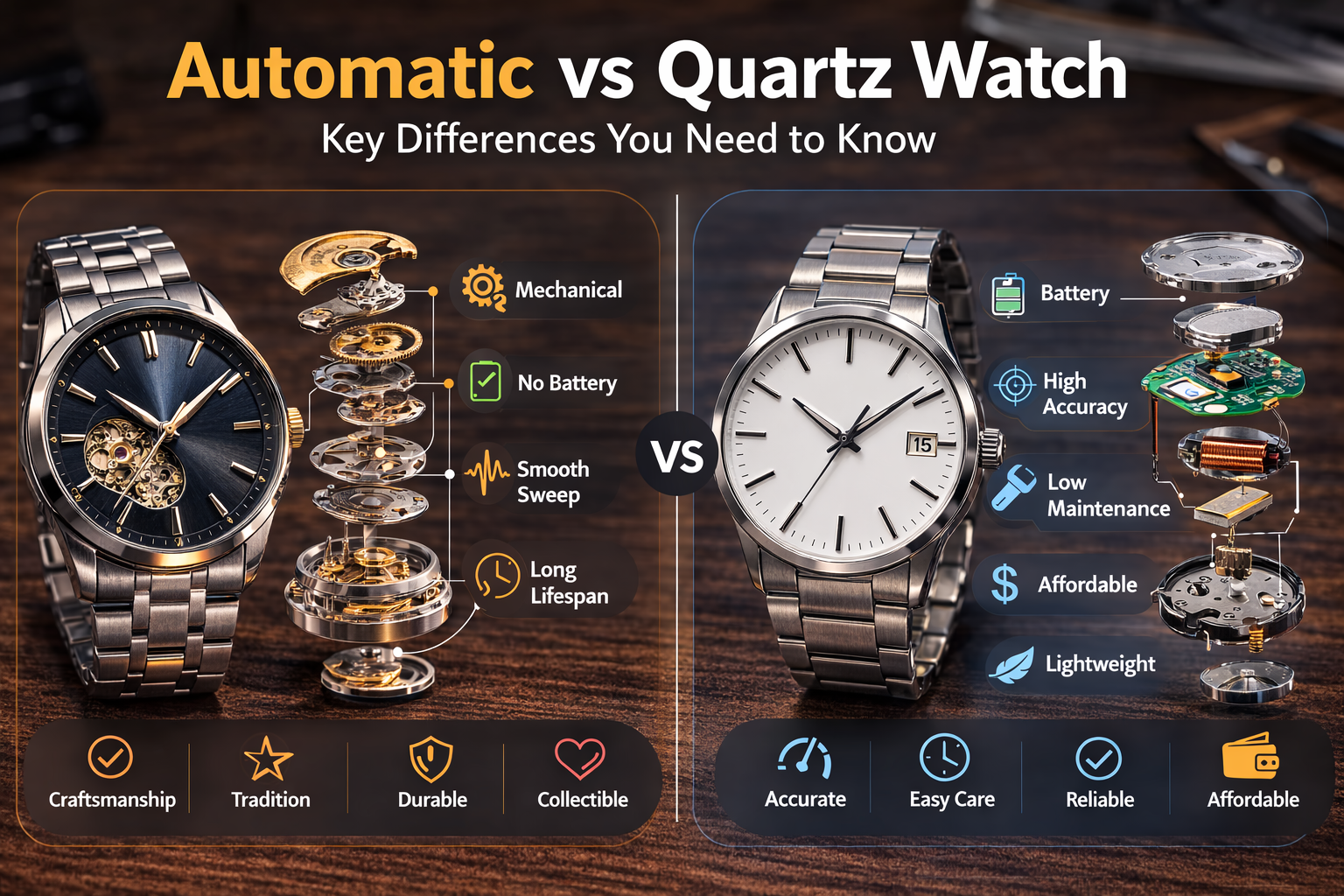 automatic vs quartz watch comparison infographic highlighting mechanical movement battery powered quartz accuracy maintenance and durability