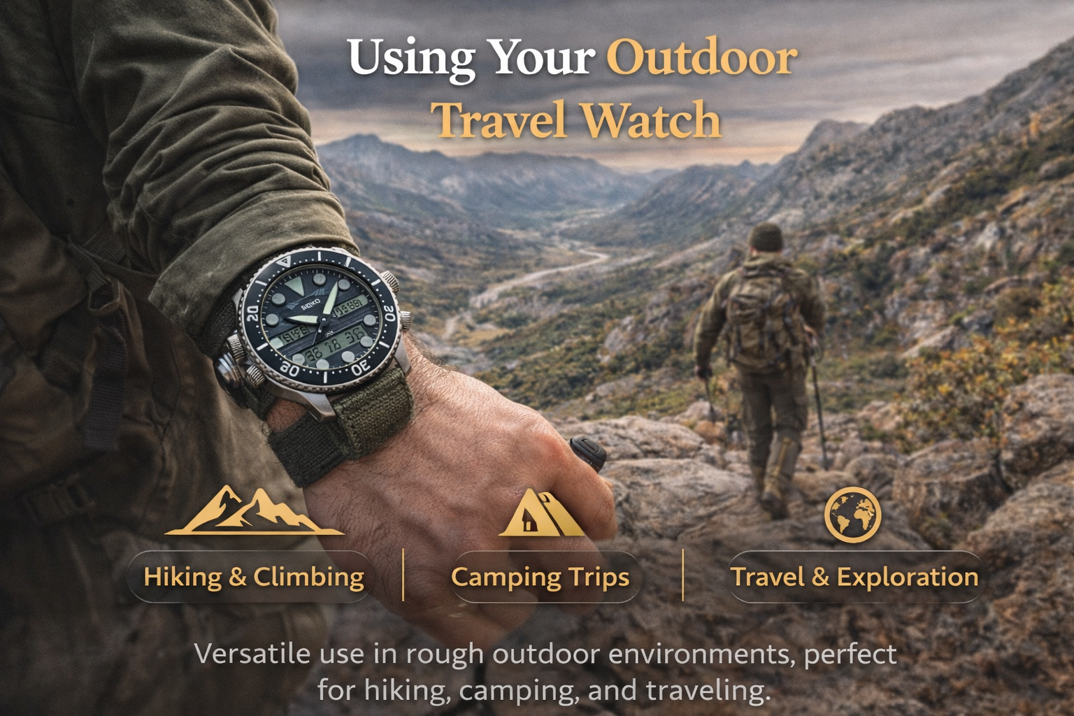 outdoor travel watch used for hiking camping and exploration showing rugged durability and real world outdoor use